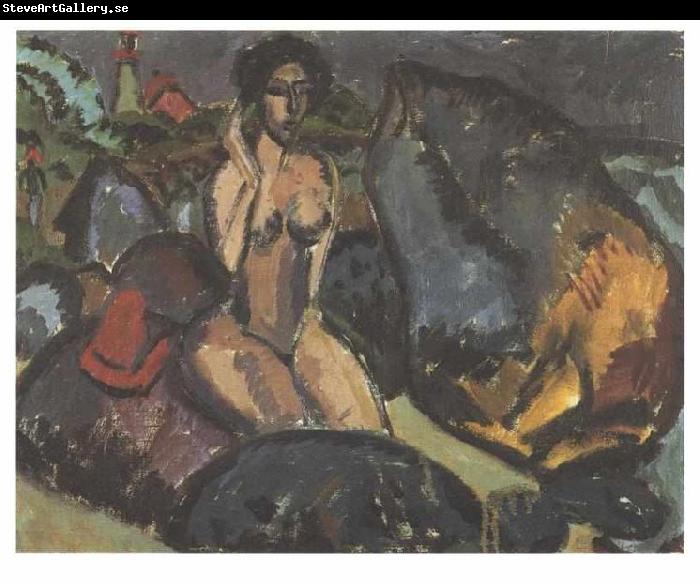 Ernst Ludwig Kirchner Bathing woman between rocks